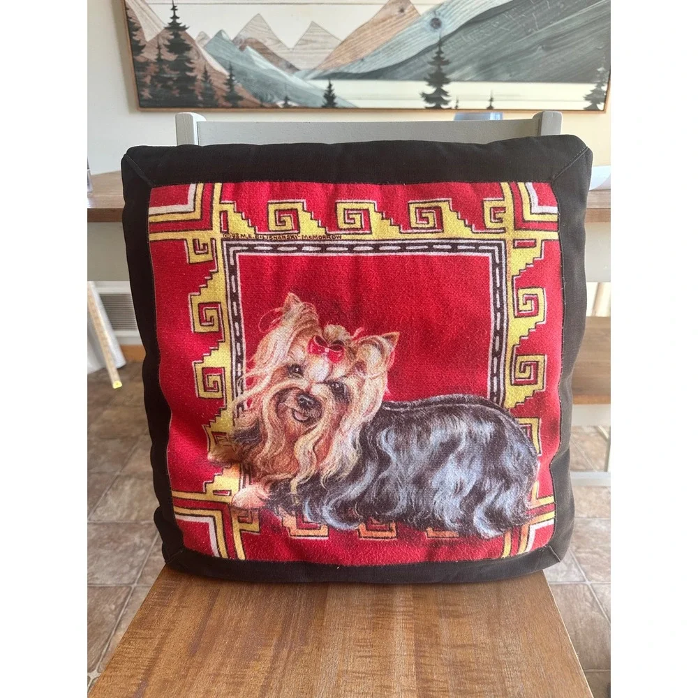 Vintage 1993 Yorkshire Terrier Yorkie Dog Portrait Decorative Throw Pillow Red